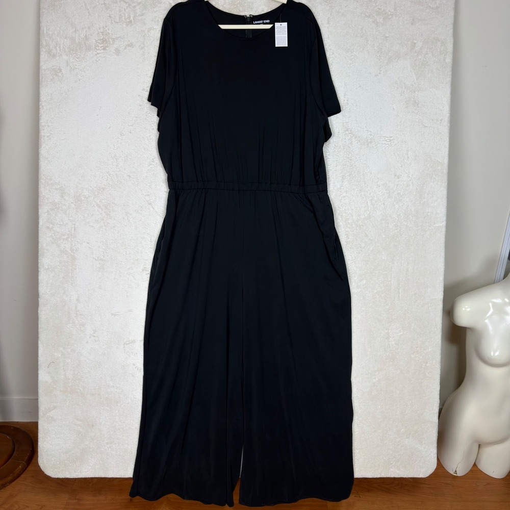 Lands End Womens 20W Black Modal Blend Short Sleeve Wide Leg Jumpsuit Pocket NWT